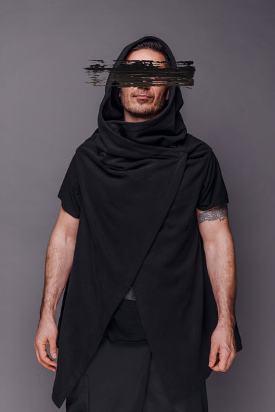 Shop Emerging Conscious Dark Fashion Brand MAKS Men's Black Hooded Sleeveless Vest at Erebus