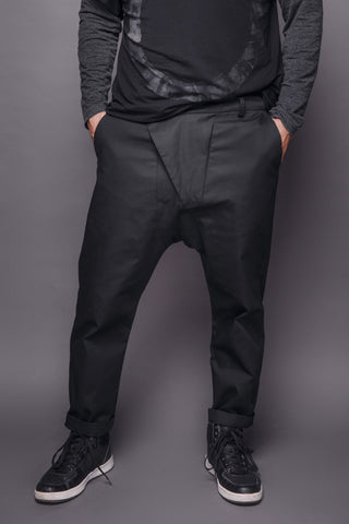 Shop Emerging Conscious Dark Fashion Brand MAKS Men's Black Asymmetric Baggy Pants at Erebus