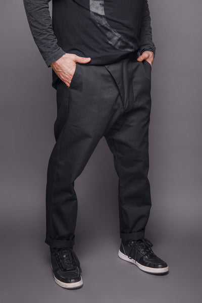Shop Emerging Conscious Dark Fashion Brand MAKS Men's Black Asymmetric Baggy Pants at Erebus