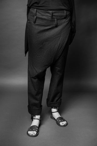 Shop Conscious Dark Fashion Brand MAKS Design SS20 Black Linen Asymmetric Double Waistband Trousers at Erebus