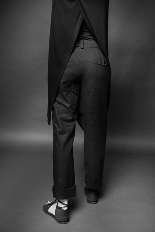Shop Conscious Dark Fashion Brand MAKS Design SS20 Black Linen Asymmetric Double Waistband Trousers at Erebus