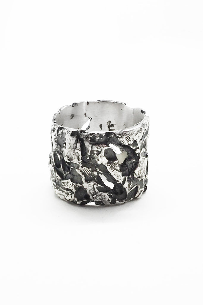 Shop Emerging Slow Fashion Avant-garde Jewellery Brand OSS Haus Broken Dreams Collection Oxidised Silver Acid Band Ring at Erebus