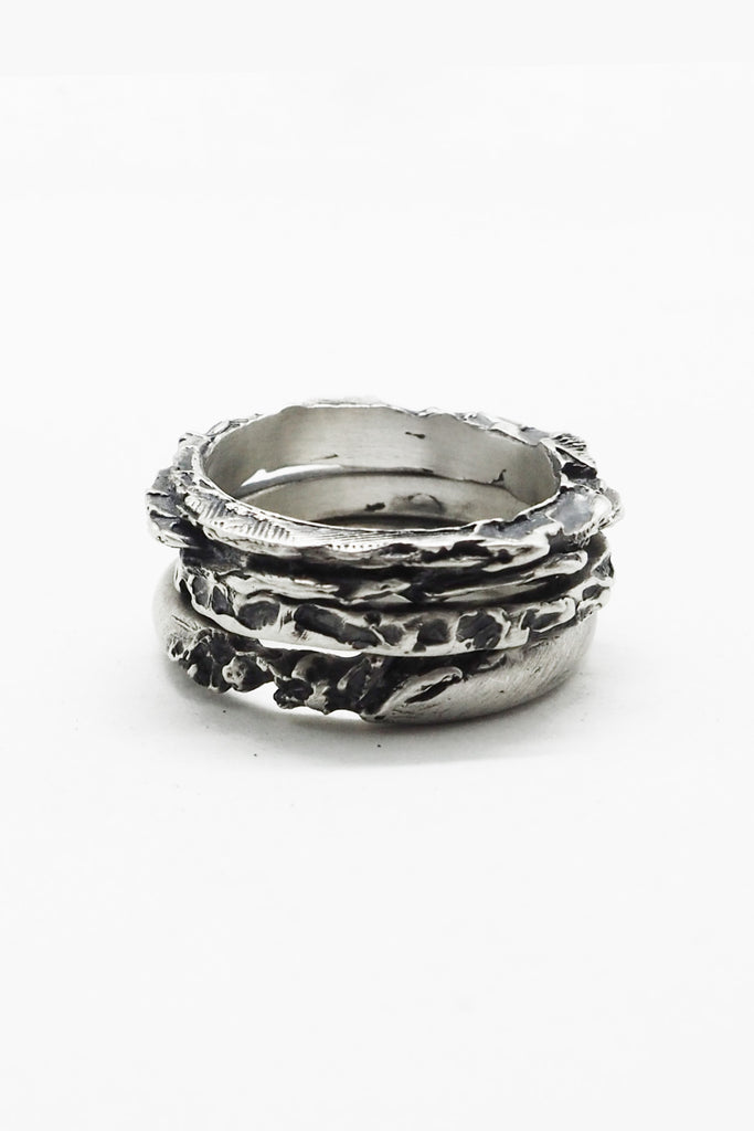 Shop Emerging Slow Fashion Avant-garde Jewellery Brand OSS Haus Broken Dreams Collection Oxidised Silver Acid Stack Ring Set at Erebus