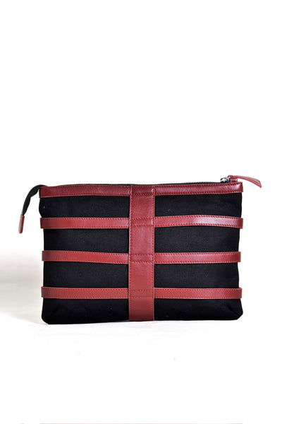 Shop emerging dark conscious fashion accessory brand Anoir by Amal Kiran Jana Red Leather and Black Organic Cotton Canvas Skeleton Clutch Bag at Erebus