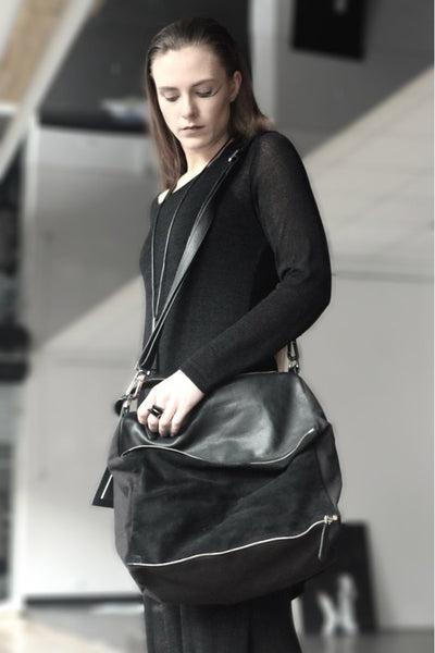 Shop emerging slow fashion handbag designer Anoir by Amal Kiran Jana black leather and suede Transformable Shoulder Bag - Erebus - 9