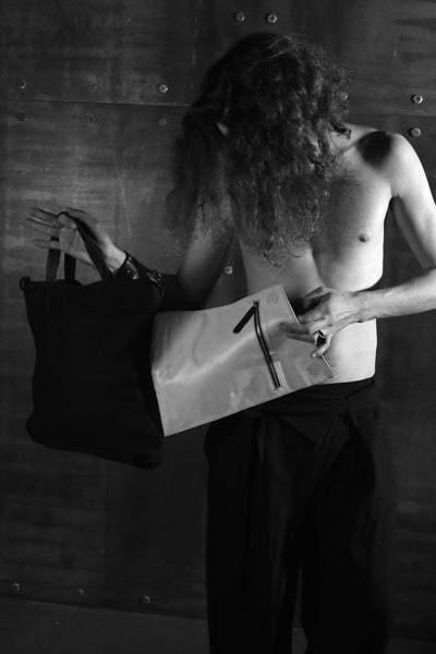Shop emerging slow fashion handbag designer Anoir by Amal Kiran Jana black cotton canvas and white leather Transformable Tote - Erebus