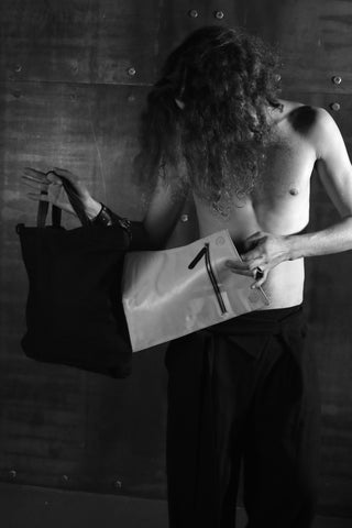 Shop emerging slow fashion handbag designer Anoir by Amal Kiran Jana black cotton canvas and white leather Transformable Tote - Erebus