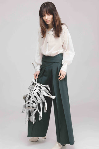 Shop Emerging Slow Fashion Conscious Conceptual Brand Cora Bellotto Green Wide Leg Pleated Forest Pants at Erebus