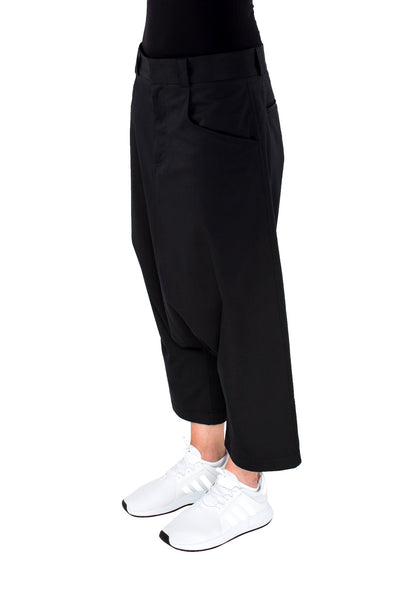 Shop Emerging Brand Monochrome Black Drop Trousers at Erebus