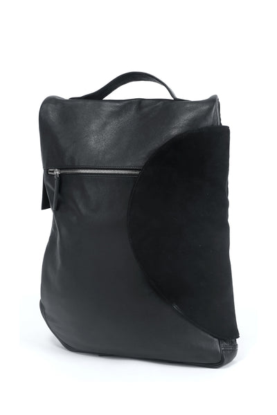 Shop emerging slow fashion accessory designer Anoir by Amal Kiran Jana black leather and suede Infinite Whirling Backpack - Erebus