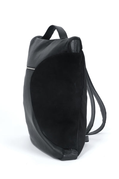 Shop emerging slow fashion accessory designer Anoir by Amal Kiran Jana black leather and suede Infinite Whirling Backpack - Erebus