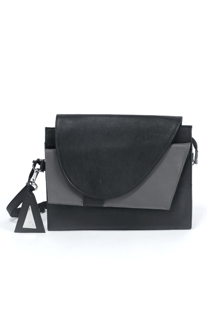 Shop emerging slow fashion accessory designer Anoir by Amal Kiran Jana black and grey leather Infinite Whirling Clutch - Erebus