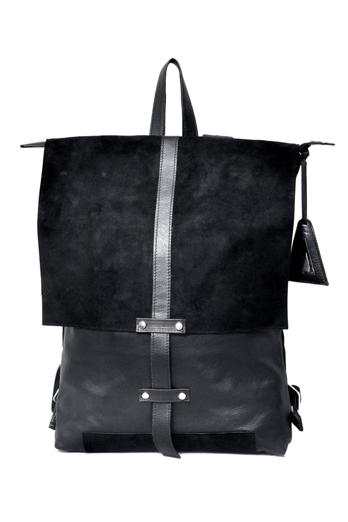 Shop emerging slow fashion accessory designer Anoir by Amal Kiran Jana black leather and suede Infinite Whirling Suede Backpack - Erebus