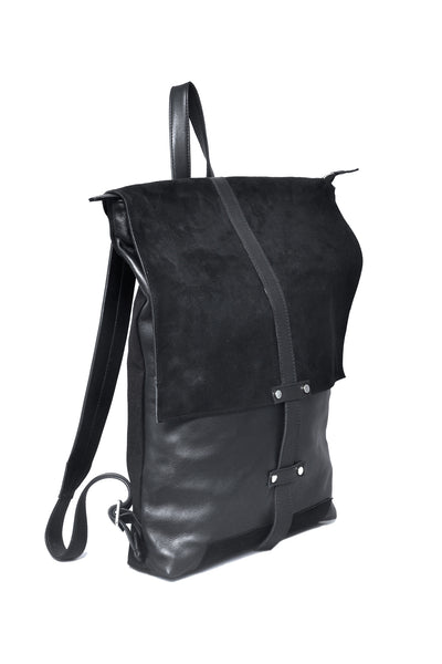 Shop emerging slow fashion accessory designer Anoir by Amal Kiran Jana black leather and suede Infinite Whirling Suede Backpack - Erebus