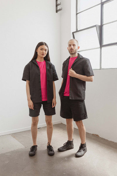 Shop Emerging Slow Fashion Avant-garde Unisex Streetwear Brand Kodama Apparel Black Hemp and Organic Cotton Hankai Short Sleeve Shirt at Erebus