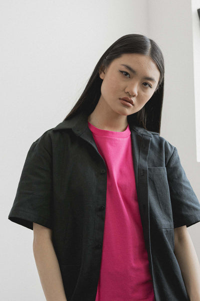 Shop Emerging Slow Fashion Avant-garde Unisex Streetwear Brand Kodama Apparel Black Hemp and Organic Cotton Hankai Short Sleeve Shirt at Erebus