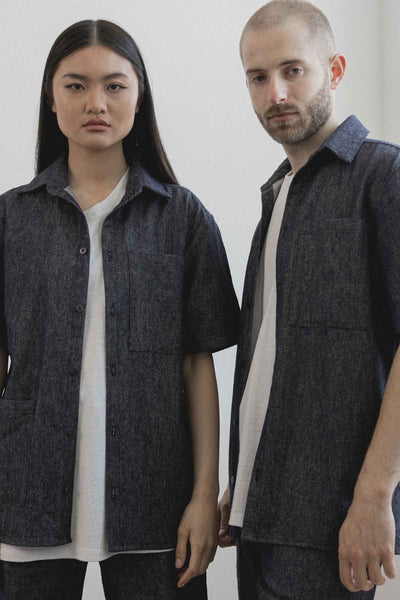 Shop Emerging Slow Fashion Avant-garde Unisex Streetwear Brand Kodama Apparel Denim Hemp and Organic Cotton Hankai Short Sleeve Shirt at Erebus