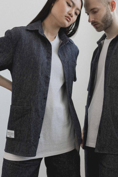 Shop Emerging Slow Fashion Avant-garde Unisex Streetwear Brand Kodama Apparel Denim Hemp and Organic Cotton Hankai Short Sleeve Shirt at Erebus