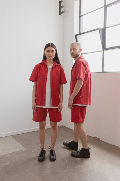Shop Emerging Slow Fashion Avant-garde Unisex Streetwear Brand Kodama Apparel Red Hemp and Organic Cotton Hankai Short Sleeve Shirt at Erebus