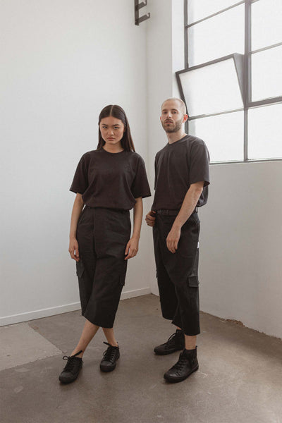 Shop Emerging Slow Fashion Avant-garde Unisex Streetwear Brand Kodama Apparel Black Hemp and Organic Cotton Hankai Cropped Wrap Pants at Erebus