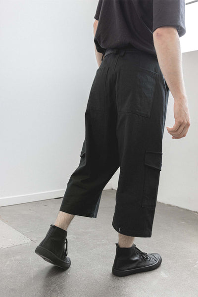Shop Emerging Slow Fashion Avant-garde Unisex Streetwear Brand Kodama Apparel Black Hemp and Organic Cotton Hankai Cropped Wrap Pants at Erebus