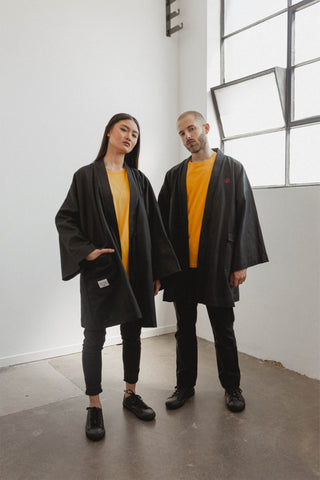 Shop Emerging Slow Fashion Avant-garde Unisex Streetwear Brand Kodama Apparel Black Hemp and Organic Cotton Shogun Overcoat at Erebus