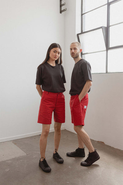 Shop Emerging Slow Fashion Avant-garde Unisex Streetwear Brand Kodama Apparel Red Hemp and Organic Cotton Hankai Cargo Shorts at Erebus