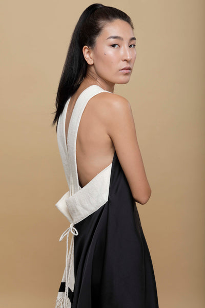 Shop Emerging Slow Fashion Conscious Conceptual Brand Cora Bellotto Black Silk and Ivory Hemp Lapis Dress at Erebus