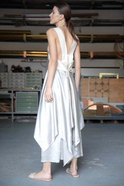 Shop Emerging Slow Fashion Conscious Conceptual Brand Cora Bellotto Zero Waste Clay Silk and Ivory Hemp Lapis Dress at Erebus