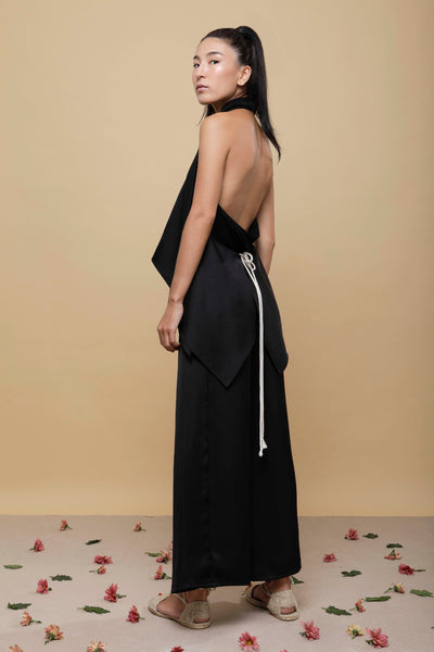 Shop Emerging Slow Fashion Conscious Conceptual Brand Cora Bellotto Zero Waste Black Silk and Ivory Hemp Rope Lapis Pants at Erebus