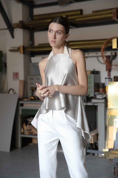 Shop Emerging Slow Fashion Conscious Conceptual Brand Cora Bellotto Zero Waste Clay Silk and Ivory Hemp Lapis Halter Top at Erebus