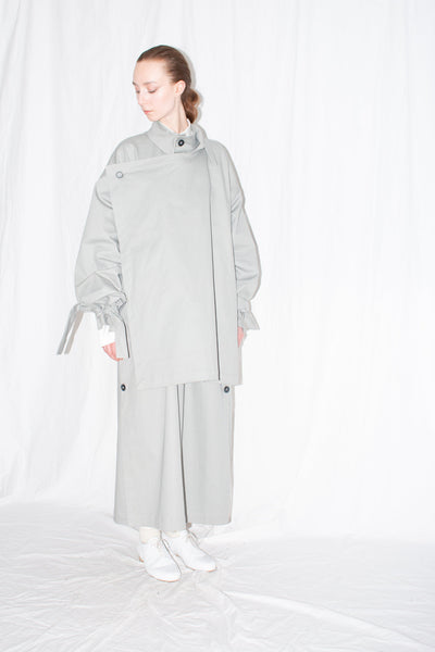 Shop Emerging Slow Fashion Genderless Brand Ludus Post-Gender AW22 Collection Grey Cotton Unisex Asymmetric Twill Coat at Erebus
