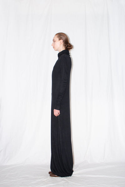 Shop Emerging Slow Fashion Genderless Brand Ludus Post-Gender AW22 Collection Black Unisex High-neck Stretch Wool Jersey Twisted Dress at Erebus