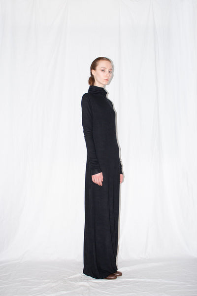 Shop Emerging Slow Fashion Genderless Brand Ludus Post-Gender AW22 Collection Black Unisex High-neck Stretch Wool Jersey Twisted Dress at Erebus