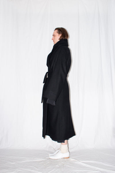 Shop Emerging Slow Fashion Genderless Brand Ludus Post-Gender AW22 Collection Black Wool Unisex Oversized Shawl Coat at Erebus