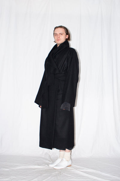 Shop Emerging Slow Fashion Genderless Brand Ludus Post-Gender AW22 Collection Black Wool Unisex Oversized Shawl Coat at Erebus
