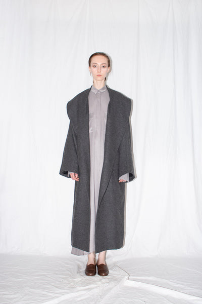 Shop Emerging Slow Fashion Genderless Brand Ludus Post-Gender AW22 Collection Dark Grey Wool Unisex Oversized Shawl Coat at Erebus