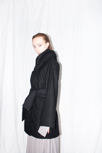 Shop Emerging Slow Fashion Genderless Brand Ludus Post-Gender AW22 Collection Black Wool Unisex Oversized Shawl Jacket at Erebus