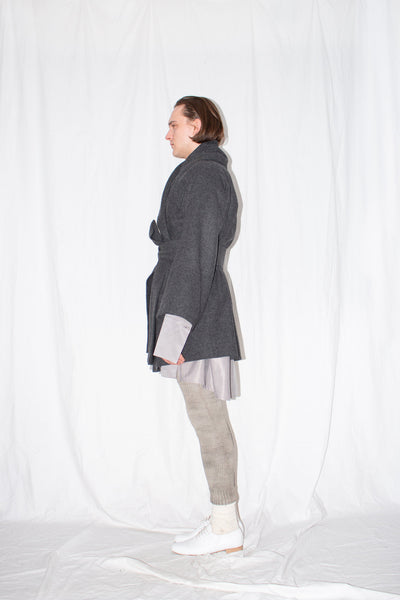 Shop Emerging Slow Fashion Genderless Brand Ludus Post-Gender AW22 Collection Dark Grey Wool Unisex Oversized Shawl Jacket at Erebus