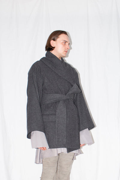 Shop Emerging Slow Fashion Genderless Brand Ludus Post-Gender AW22 Collection Dark Grey Wool Unisex Oversized Shawl Jacket at Erebus