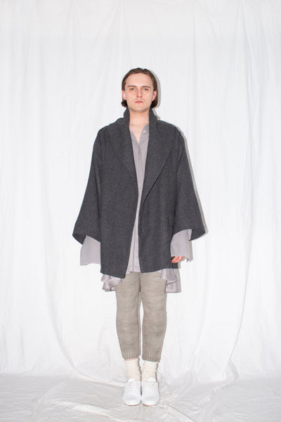 Shop Emerging Slow Fashion Genderless Brand Ludus Post-Gender AW22 Collection Dark Grey Wool Unisex Oversized Shawl Jacket at Erebus