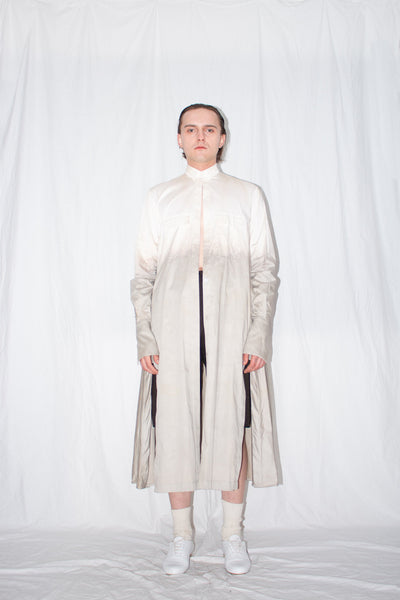 Shop Emerging Slow Fashion Genderless Brand Ludus Post-Gender AW22 Collection Zero Waste Naturally Rosemary Died Cotton Unisex Elongated Shirt at Erebus