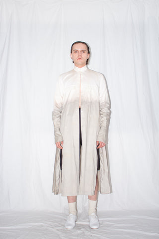 Shop Emerging Slow Fashion Genderless Brand Ludus Post-Gender AW22 Collection Zero Waste Naturally Rosemary Died Cotton Unisex Elongated Shirt at Erebus