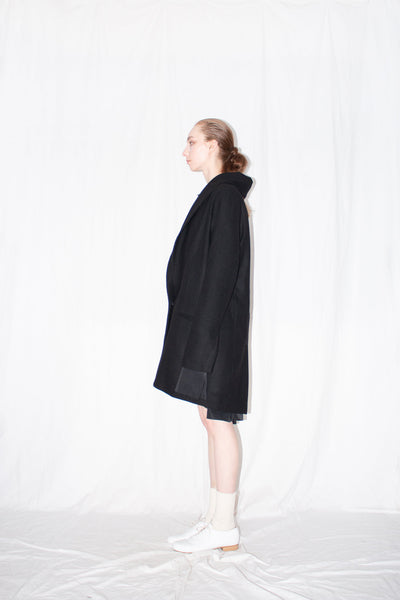 Shop Emerging Slow Fashion Genderless Brand Ludus Post-Gender AW22 Collection Black Wool Unisex Tailored Shawl Jacket at Erebus