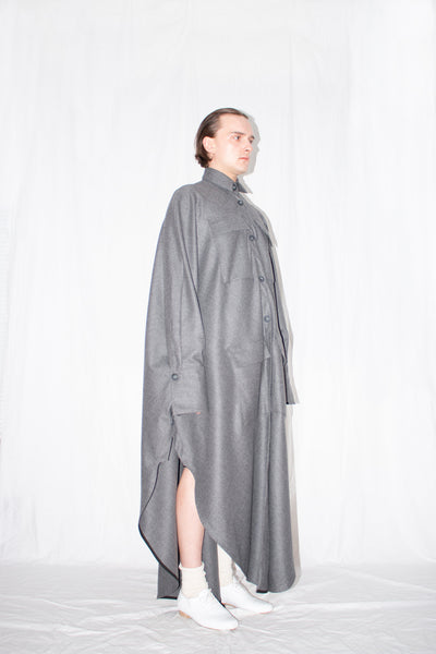 Shop Emerging Slow Fashion Genderless Brand Ludus Post-Gender AW22 Collection Grey Zero Waste Unisex Elongated Wool Cloak Shirt at Erebus