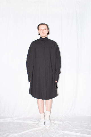 Shop Emerging Slow Fashion Genderless Brand Ludus Post-Gender AW22 Collection Black Zero Waste Cotton Unisex Cloak Shirt at Erebus