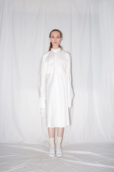 Shop Emerging Slow Fashion Genderless Brand Ludus Post-Gender AW22 Collection White Zero Waste Cotton Unisex Cloak Shirt at Erebus