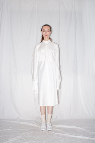 Shop Emerging Slow Fashion Genderless Brand Ludus Post-Gender AW22 Collection White Zero Waste Cotton Unisex Cloak Shirt at Erebus