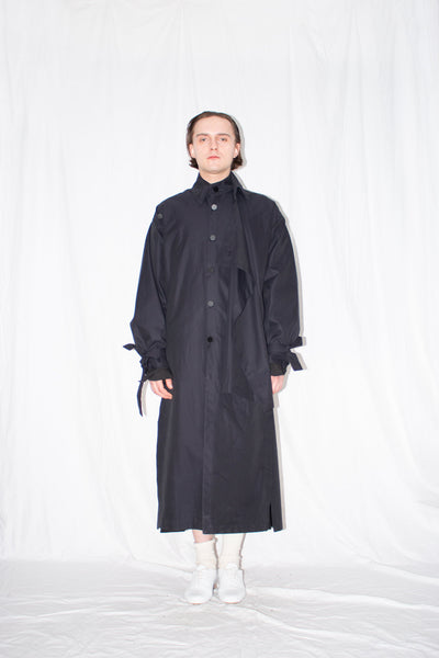 Shop Emerging Slow Fashion Genderless Brand Ludus Post-Gender AW22 Collection Black Cotton Unisex Asymmetric Twill Coat at Erebus