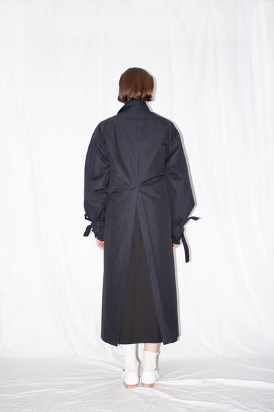 Shop Emerging Slow Fashion Genderless Brand Ludus Post-Gender AW22 Collection Black Cotton Unisex Asymmetric Twill Coat at Erebus